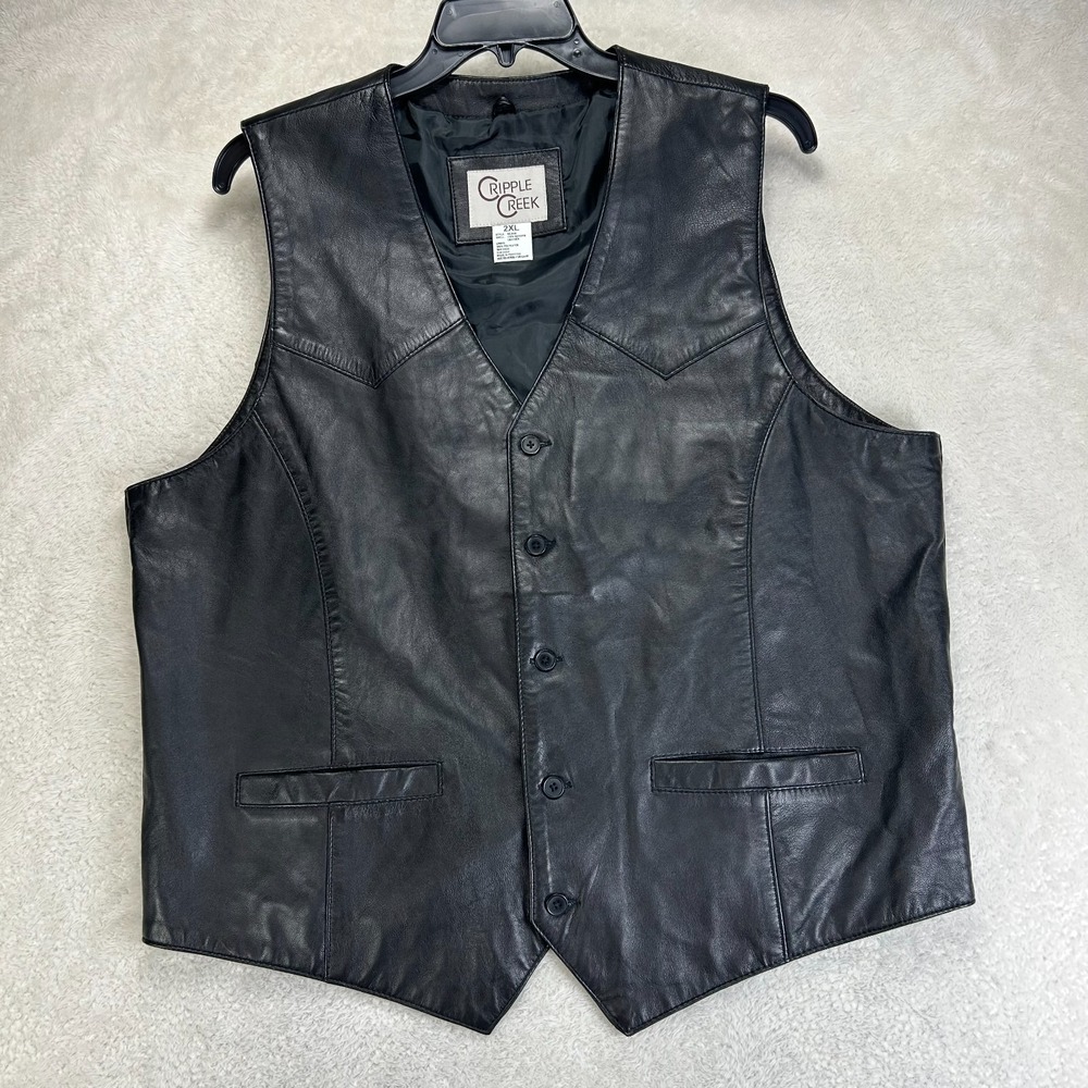 Cripple Creek Button Down Vest Mens 2XL Black Genuine Leather Lined Western